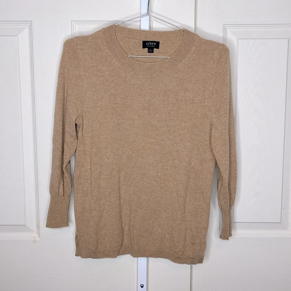J. Crew 100% Cashmere Crewneck Sweater Heather Camel Tan 3/4 Sleeve Size S
